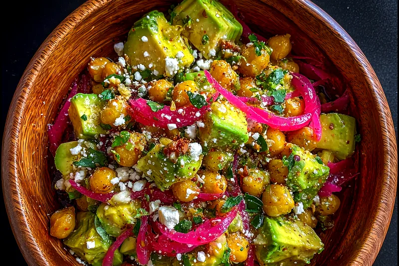 The preparation process for Refreshing Avocado Chickpea Delight, showcasing sliced avocados and chopped vegetables.