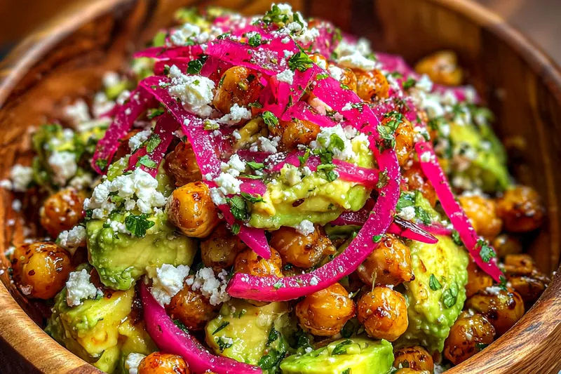 A colorful display of fresh ingredients for Refreshing Avocado Chickpea Delight, including avocados, chickpeas, and tomatoes.