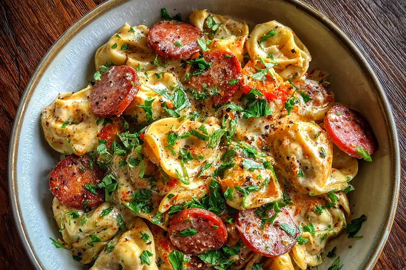 Chef Mitchell stirring the creamy sauce for the Baked Creamy Tortellini with Sausage, showcasing the cooking process.
