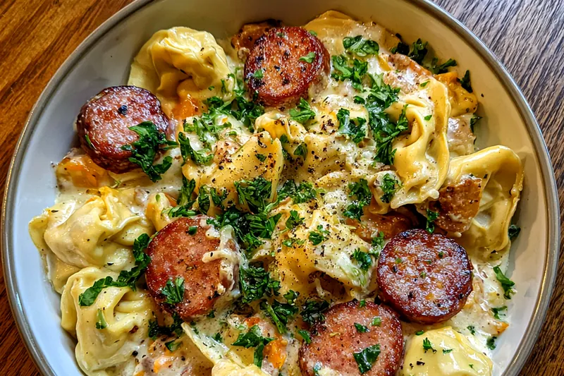 A vibrant display of ingredients for Baked Creamy Tortellini with Sausage, including sausage, cheese, tortellini, and fresh herbs.
