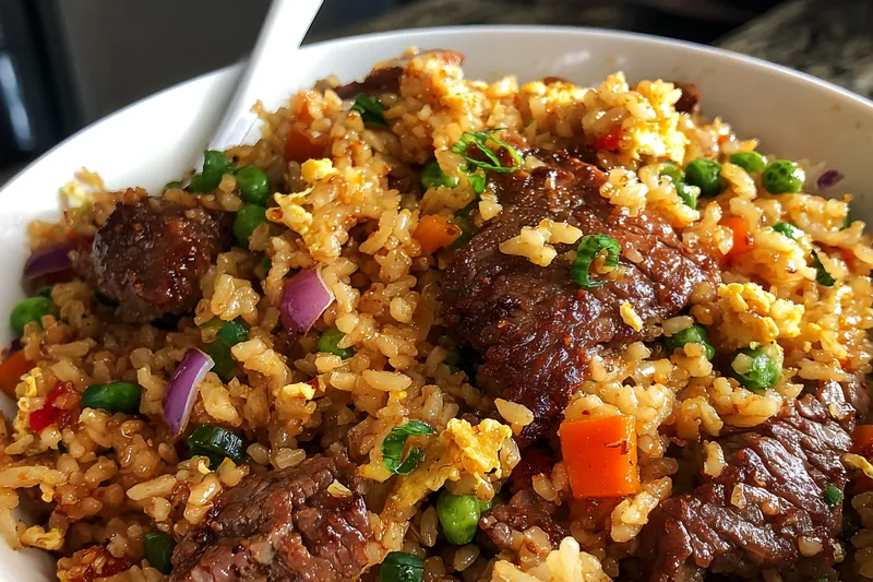 A vibrant display of fresh ingredients for Beef Fried Rice Delight including beef, vegetables, and rice.