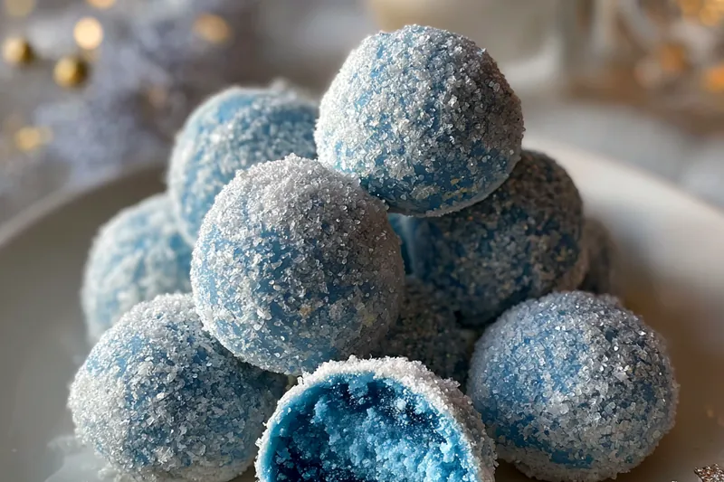 An assortment of ingredients for Festive Blue Christmas Truffles, including cream cheese, chocolate chips, and colorful sprinkles arranged on a wooden surface.