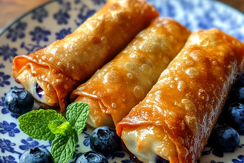 A vibrant display of fresh blueberries, cream cheese, and puff pastry on a wooden countertop.