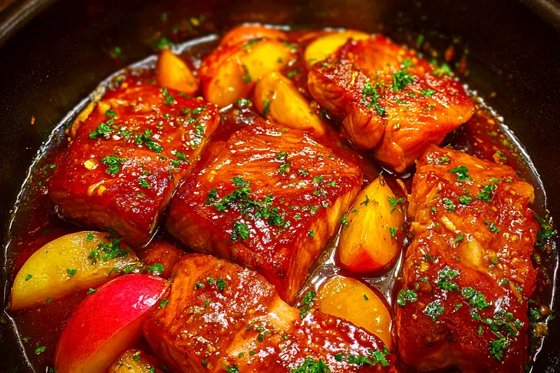Cooking process for Bourbon Peach Glazed Salmon