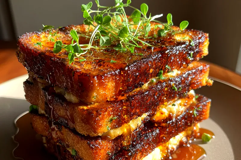 Gourmet grilled cheese sandwiches cooking in a cast iron skillet, showing the deep golden-brown caramelized crust developing, with melted cheese visible at the edges