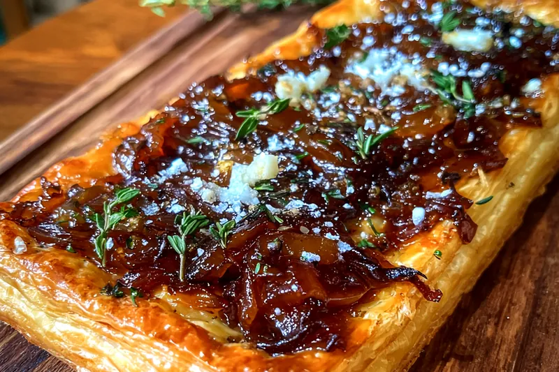 Cooking process of Caramelized Onion Gruyère Tart showing onions caramelizing in a skillet.