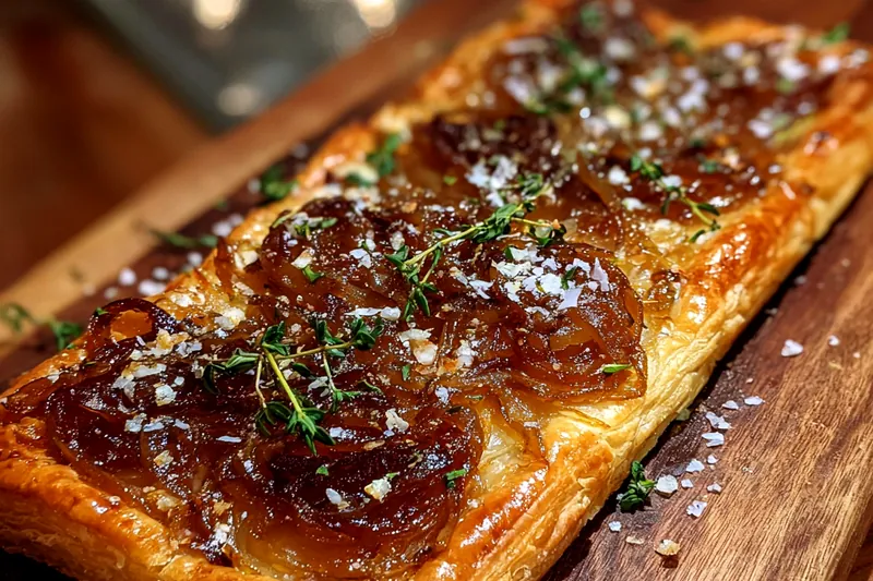 Fresh ingredients for Caramelized Onion Gruyère Tart with onions, cheese, and puff pastry.