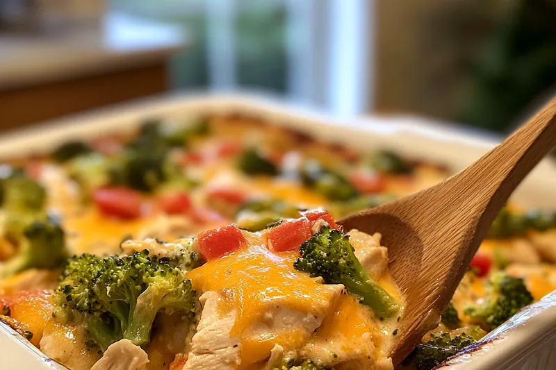 An organized setup of ingredients including chicken, broccoli, cheese, and seasonings for Cheesy Chicken and Broccoli Casserole.