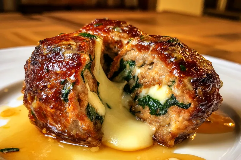 An array of fresh ingredients for Cheesy Spinach Stuffed Meatballs laid out on a kitchen counter.