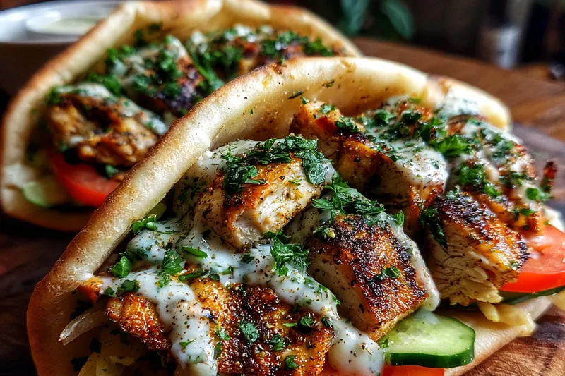 A harmonious arrangement of fresh ingredients for Tender Chicken Shawarma Delight, including spices, chicken, and vegetables.