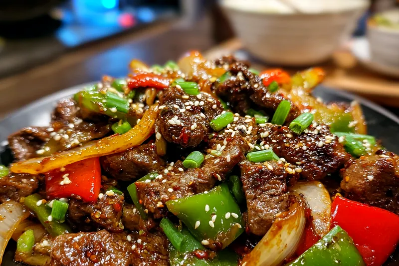 A chef stir-frying Delicious Chinese Pepper Steak in a hot wok, showcasing vibrant colors of the ingredients.