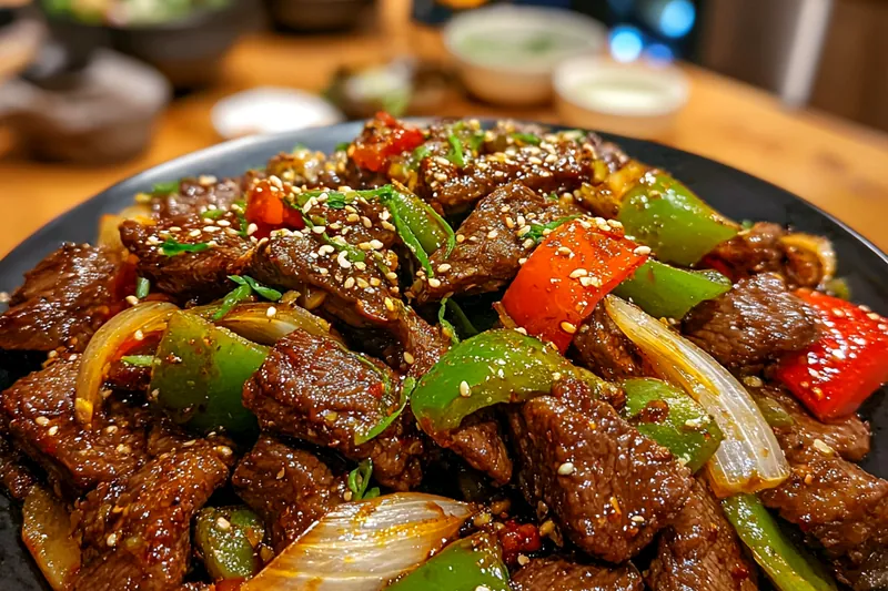 Fresh ingredients for Delicious Chinese Pepper Steak, including flank steak, bell peppers, and garlic.