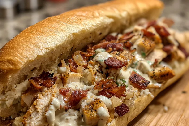 Cooking process showing chicken being sautéed in a skillet for Chopped Chicken Bacon Ranch Sub.