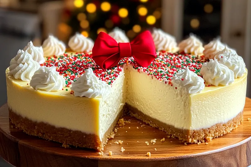The baking process of the Festive Sugar Cookie Cheesecake, showcasing it rising in the oven.