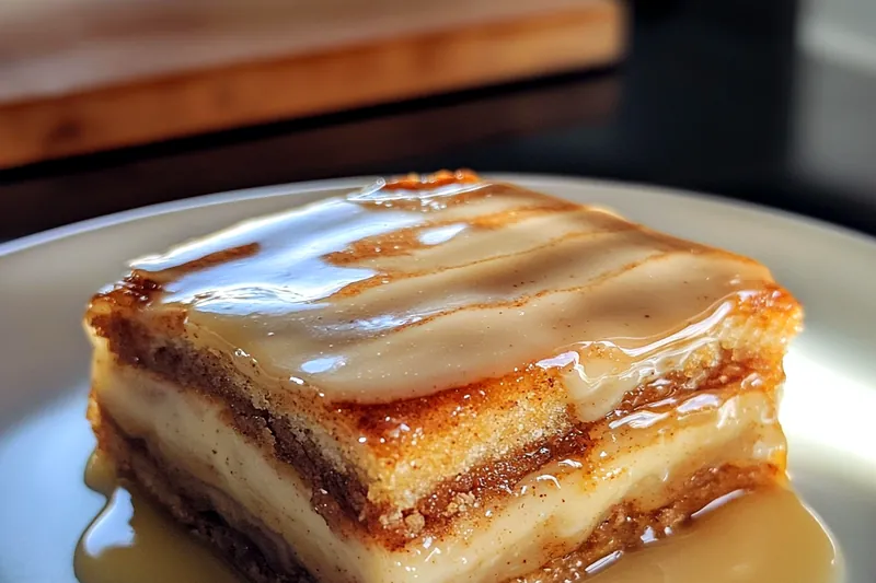 A visual step-by-step cooking process for preparing Decadent Cinnamon Roll Bars with mixing and layering stages.