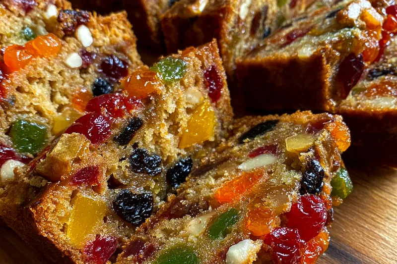 A baking scene showing the Classic Fruit Cake Delight in the oven, golden brown and ready to be enjoyed.