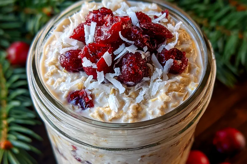 A colorful assortment of ingredients for Coconut Cranberry Oats Delight, including oats, coconut milk, cranberries, and honey.