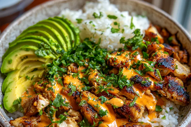 Ingredients for Coconut Grilled Chicken Bowl arranged on a wooden table.