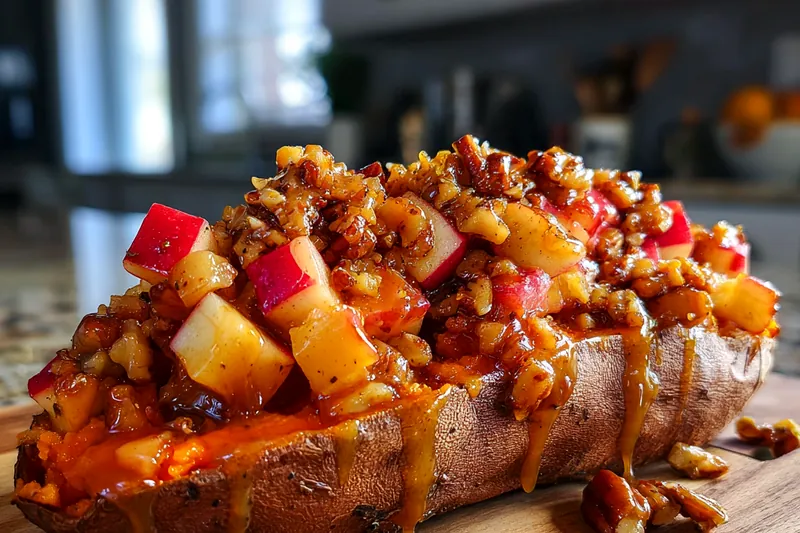 Chef Mitchell assembling Cozy Apple Stuffed Sweet Potatoes with the apple filling.