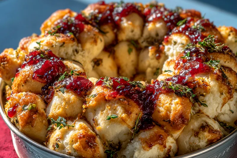 Cranberry Brie Holiday Bread baking in the oven, with melted cheese and bubbling cranberry sauce.