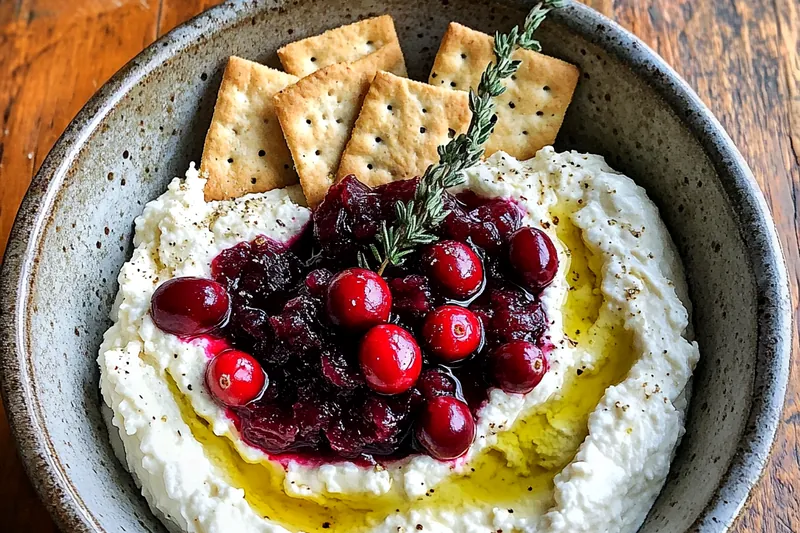 Ingredients for Cranberry Feta Whipped Dip arranged on a countertop, including cream cheese, feta, and cranberries.