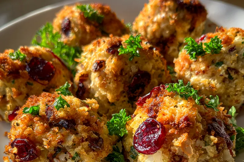 Chef Mitchell carefully placing the formed Cranberry Turkey Stuffing Bites on a baking sheet.