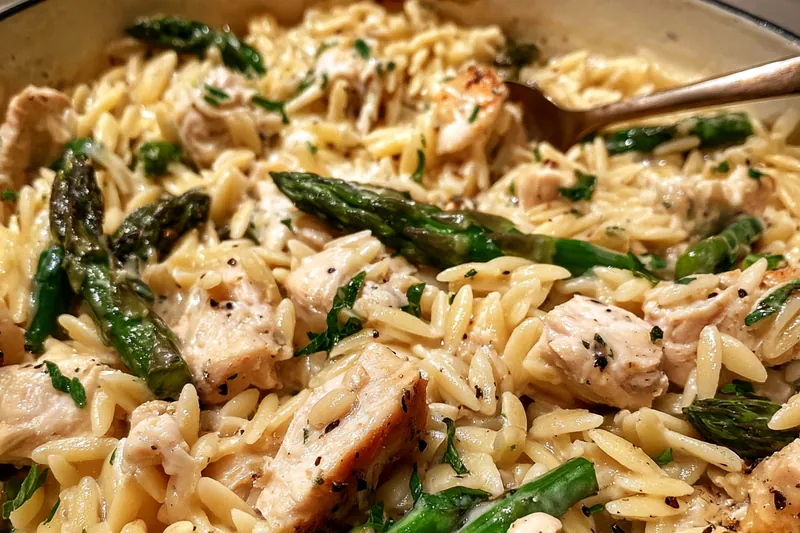 Cooking process for Creamy Chicken Orzo with Asparagus and Parmesan