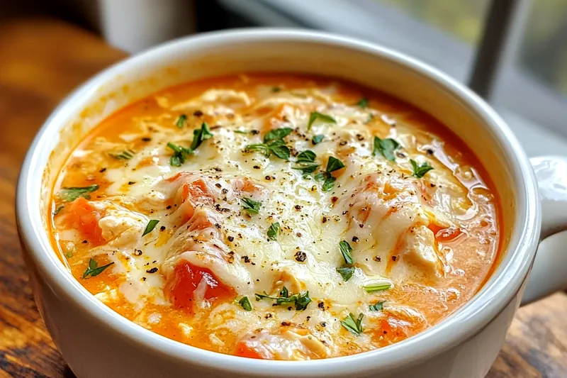 A pot of Hearty Creamy Chicken Soup simmering on the stove with fresh ingredients in the background.
