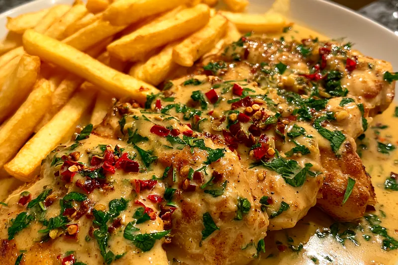 Fresh ingredients for Creamy Garlic Chicken with Fries