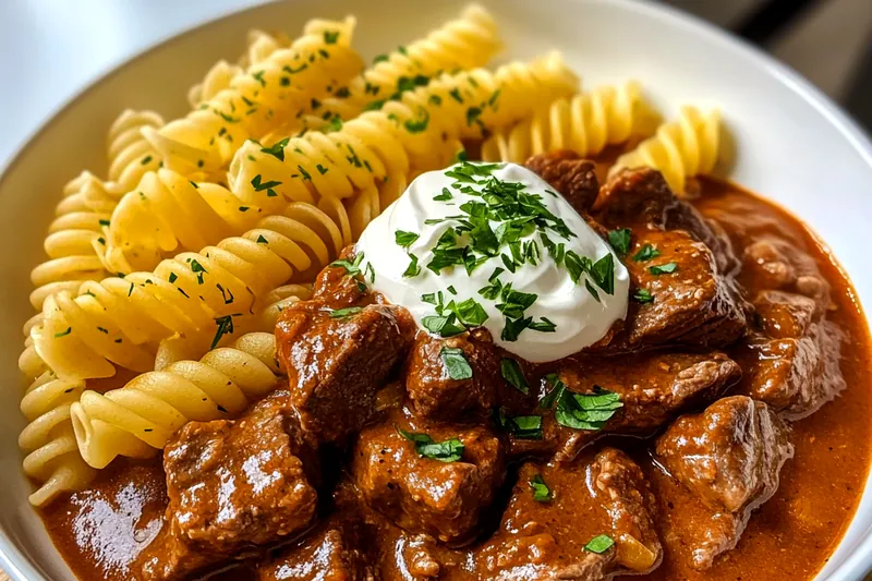 A pot of Creamy German Goulash Delight simmering on the stove, with steam rising and ingredients blending beautifully.