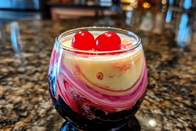 A beautifully arranged setup of the ingredients for Creamy Kahlua Delight Cocktail, including Kahlua, heavy cream, and chocolate syrup.