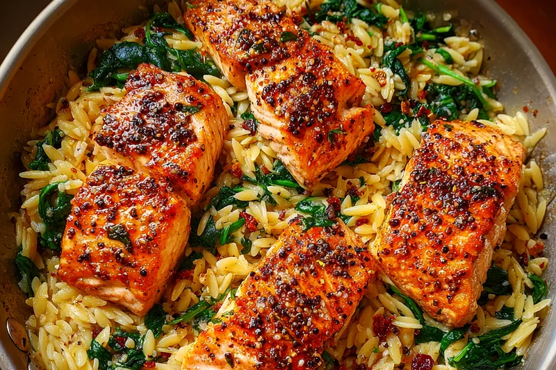Cooking process for Creamy Lemon Salmon Orzo with Fresh Spinach