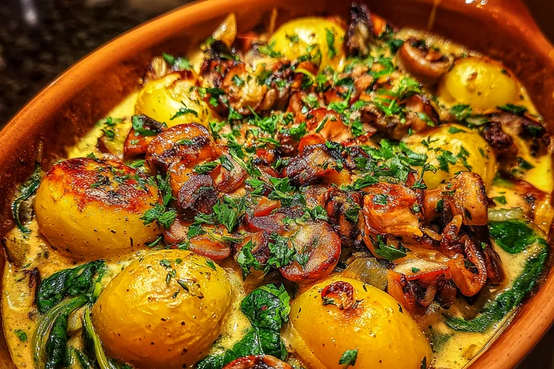 Fresh ingredients for Creamy Mushroom Potato Bake