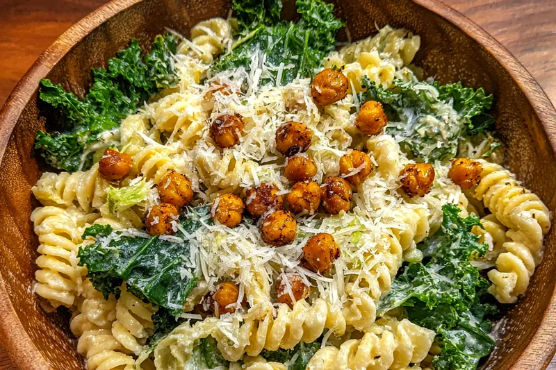 A vibrant display of ingredients for Creamy Pasta Caesar Delight, including pasta, lettuce, and sauce components.