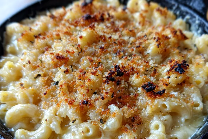 A slow cooker filled with creamy mac and cheese, ready to be served.