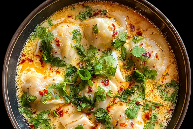 Chef Mitchell expertly frying potstickers in a skillet, showcasing the cooking process for Creamy Thai Potsticker Delight.