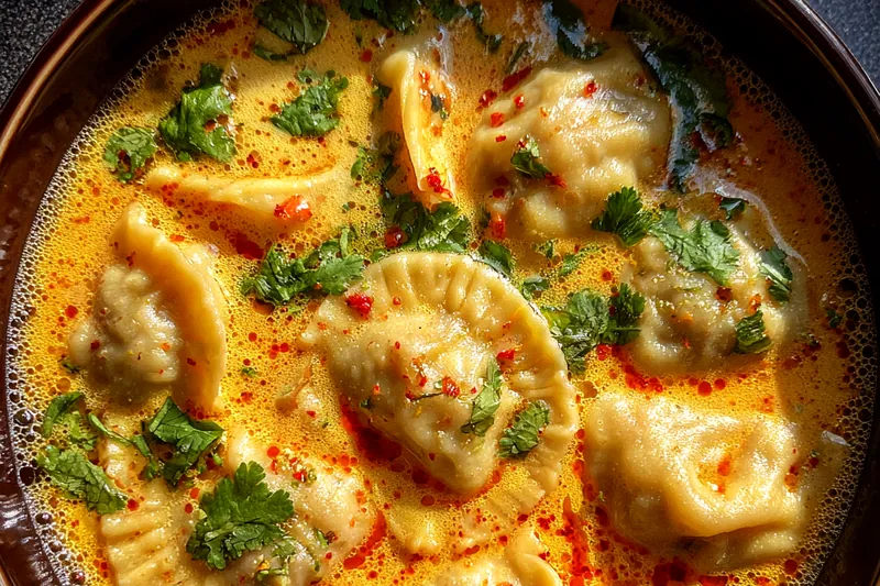 A colorful array of fresh ingredients for Creamy Thai Potsticker Delight, including pork, dumpling wrappers, and herbs.