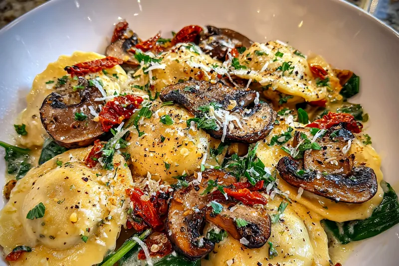 An arrangement of fresh ingredients for Tuscan Ravioli Delight including pasta, cheese, and herbs.