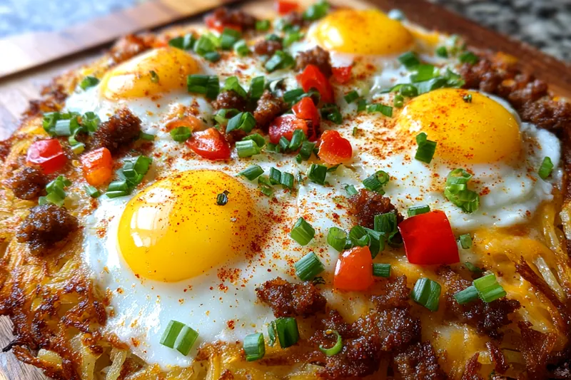The process of baking Crispy Breakfast Hash Brown Pizza, showing golden-brown crust and bubbling cheese.