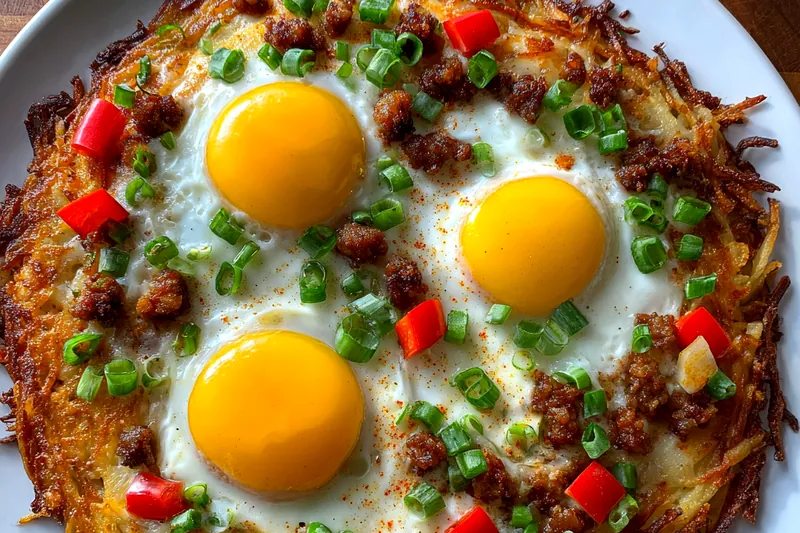 A vibrant setup of fresh ingredients including hash browns, eggs, bell peppers, and cheese for the Crispy Breakfast Hash Brown Pizza.