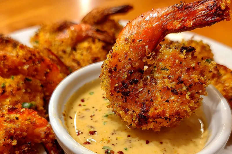A skilled chef frying breaded shrimp in hot oil, showcasing the cooking process for Crispy Cajun Shrimp Delight.