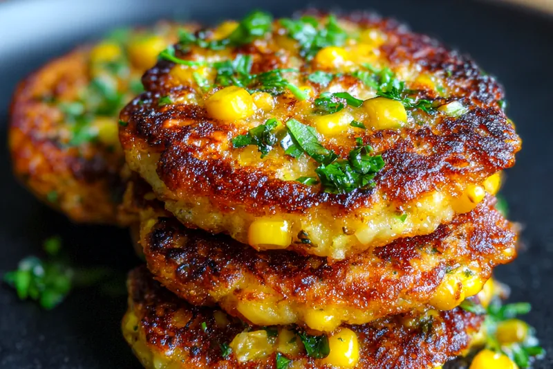 Golden brown crispy cheesy corn fritters frying in a skillet.