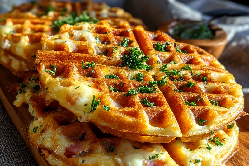 Chef Mitchell expertly pouring batter into a waffle maker to create Crispy Ham and Cheese Chaffles.