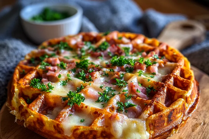 A variety of ingredients laid out for making Crispy Ham and Cheese Chaffles, including ham, cheese, and eggs.