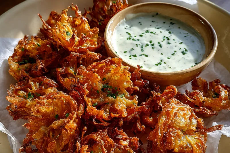 Fresh ingredients for Crispy Onion Blossoms with Herb Dip