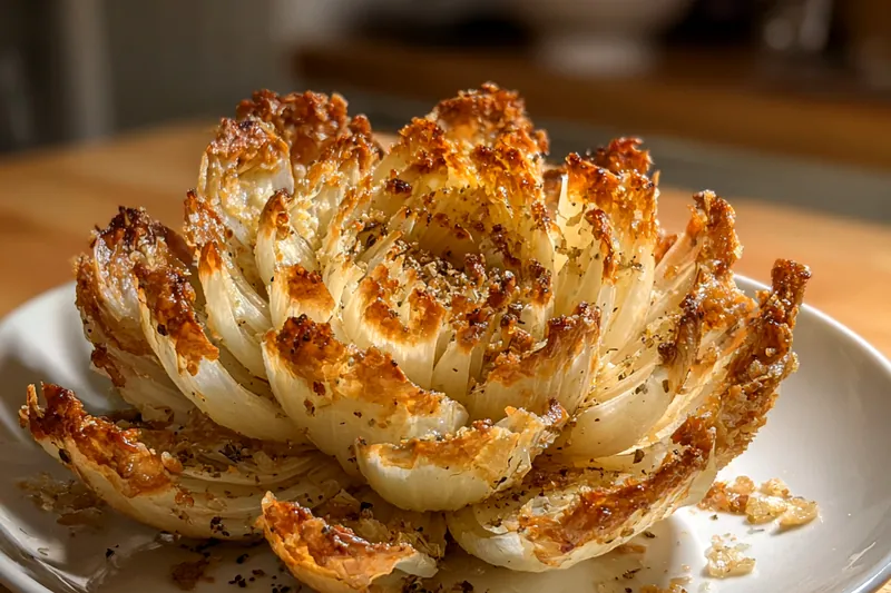 A close-up view of the crispy oven-baked blooming onion coming out of the oven, perfectly golden and crunchy.