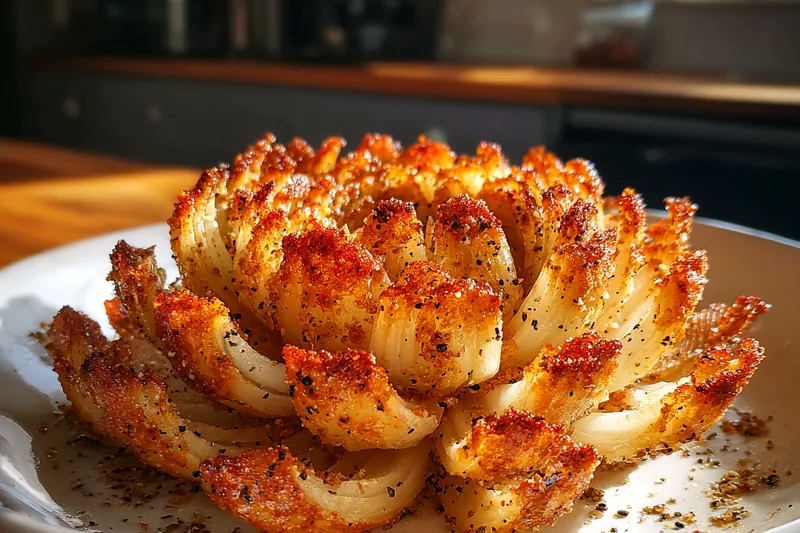 An assortment of fresh ingredients including a large sweet onion, flour, and spices ready for crispy oven-baked blooming onion.