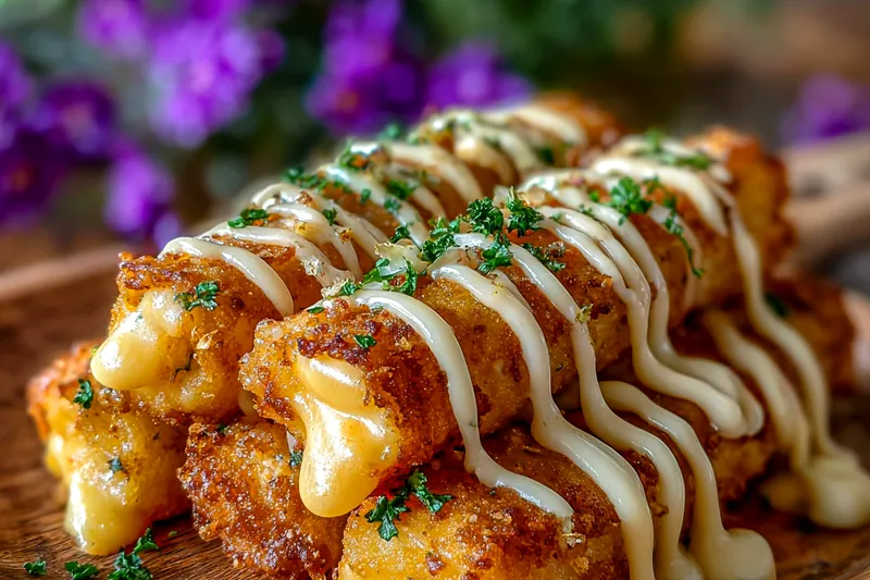 A frying pan filled with golden-brown Crispy Potato Cheese Delights sizzling in hot oil.