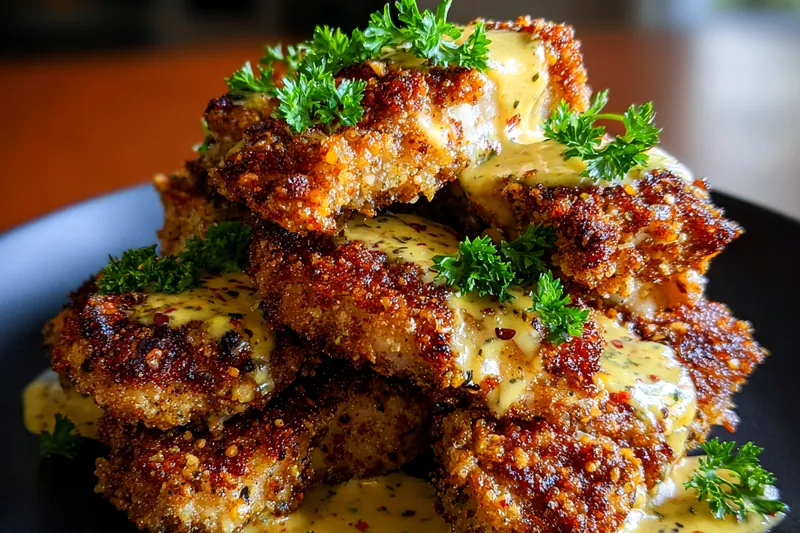Cooking process of Crispy Pretzel Chicken Delight showing chicken frying in a skillet until golden brown.
