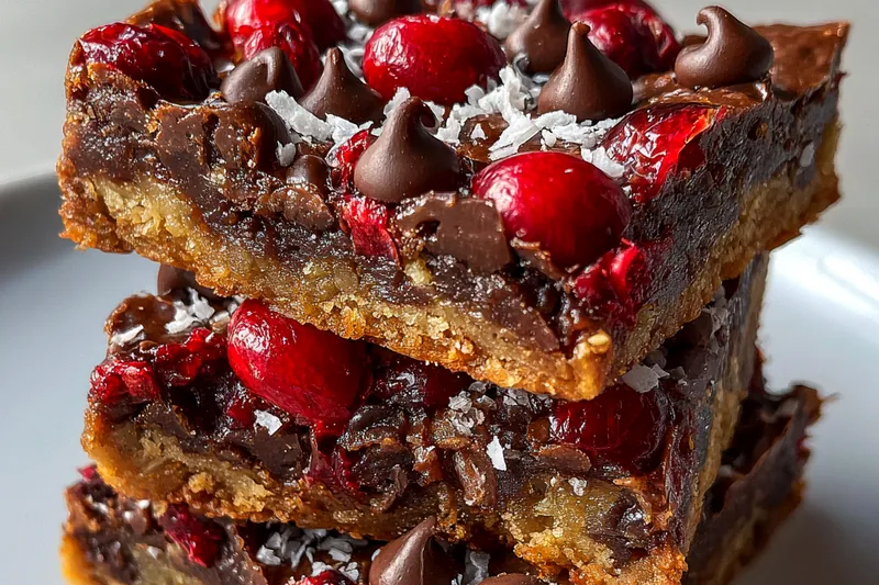 An assortment of ingredients for Decadent Chocolate Cranberry Bars laid out on a kitchen counter.